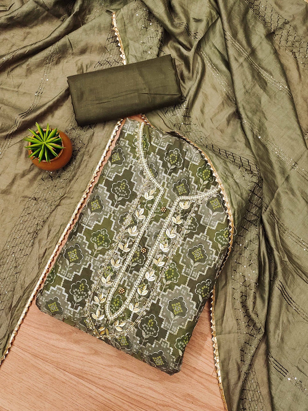 

KALINI Embroidered Organza Unstitched Dress Material, Green