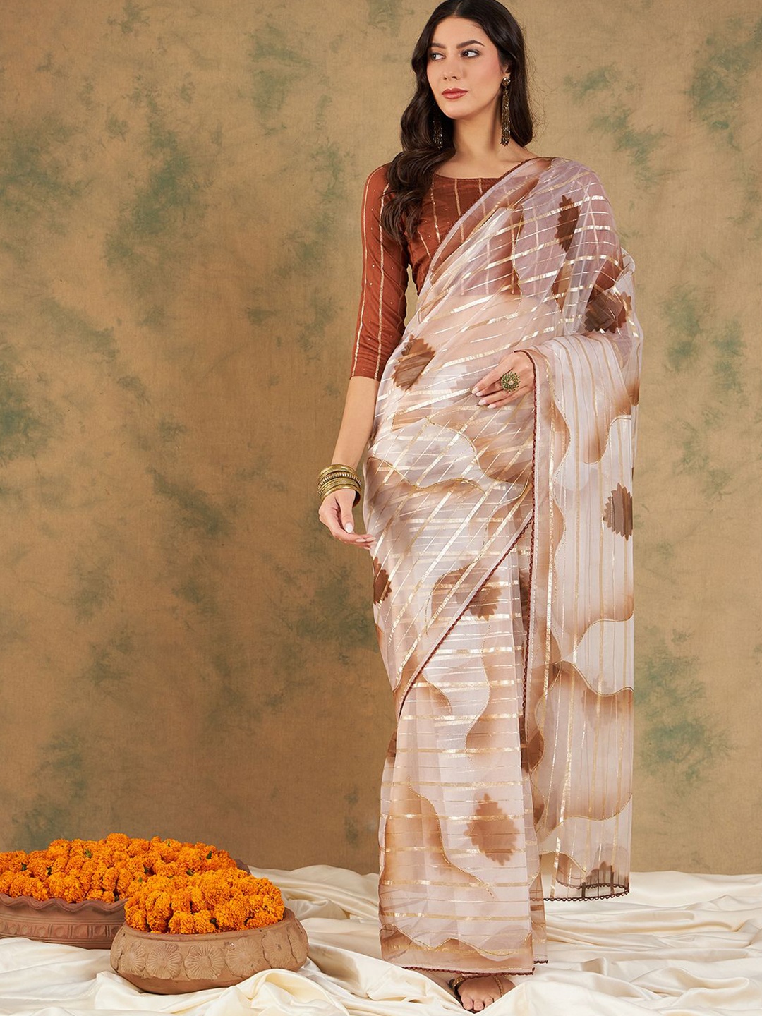 

Suha Organza Ready to Wear Saree, Coffee brown