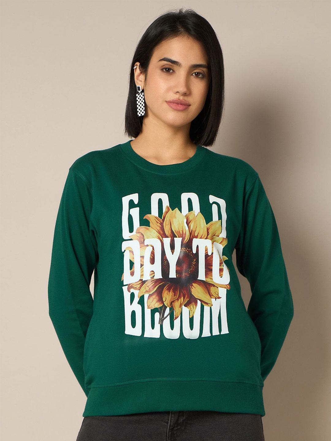 

The Roadster Lifestyle Co Women Printed Round Neck Pullover Sweatshirt, Green