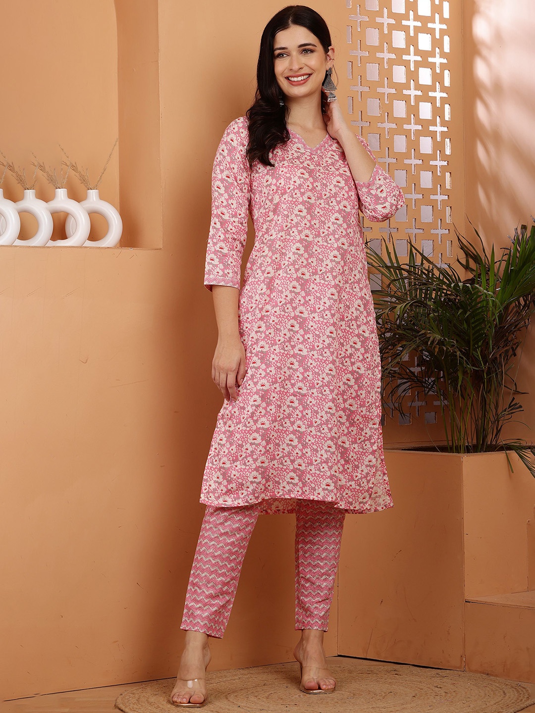 

RIG-TIE V-Neck Printed Pure Cotton Tunic With Trouser, Pink