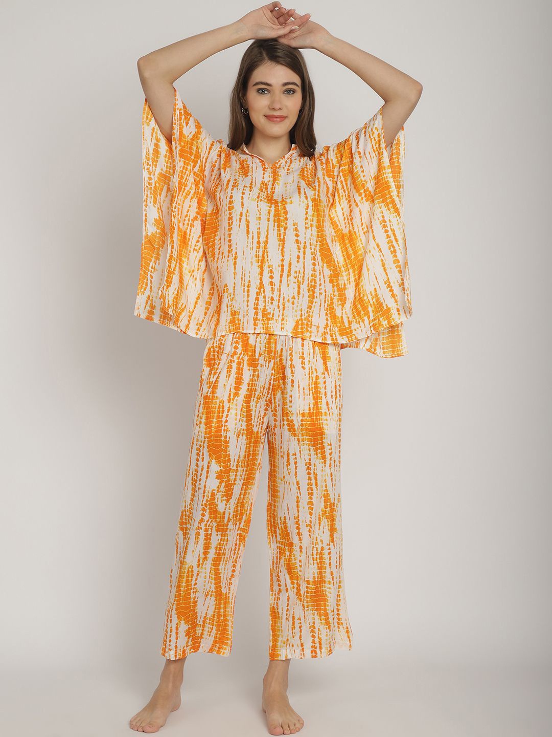 

Blissence Women Tie and Dye Printed Kaftan Night suit, Yellow
