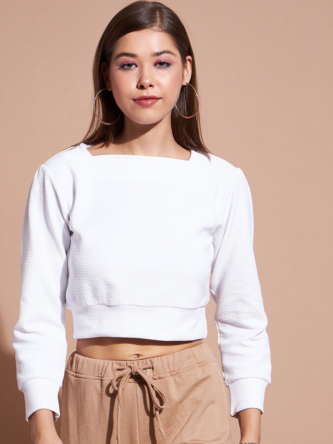 

DressBerry Women Cuffed Sleeves Crop Top, White