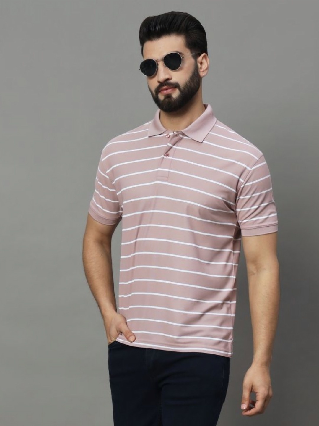

UNIBERRY Men Striped Polo Collar T-shirt, Peach