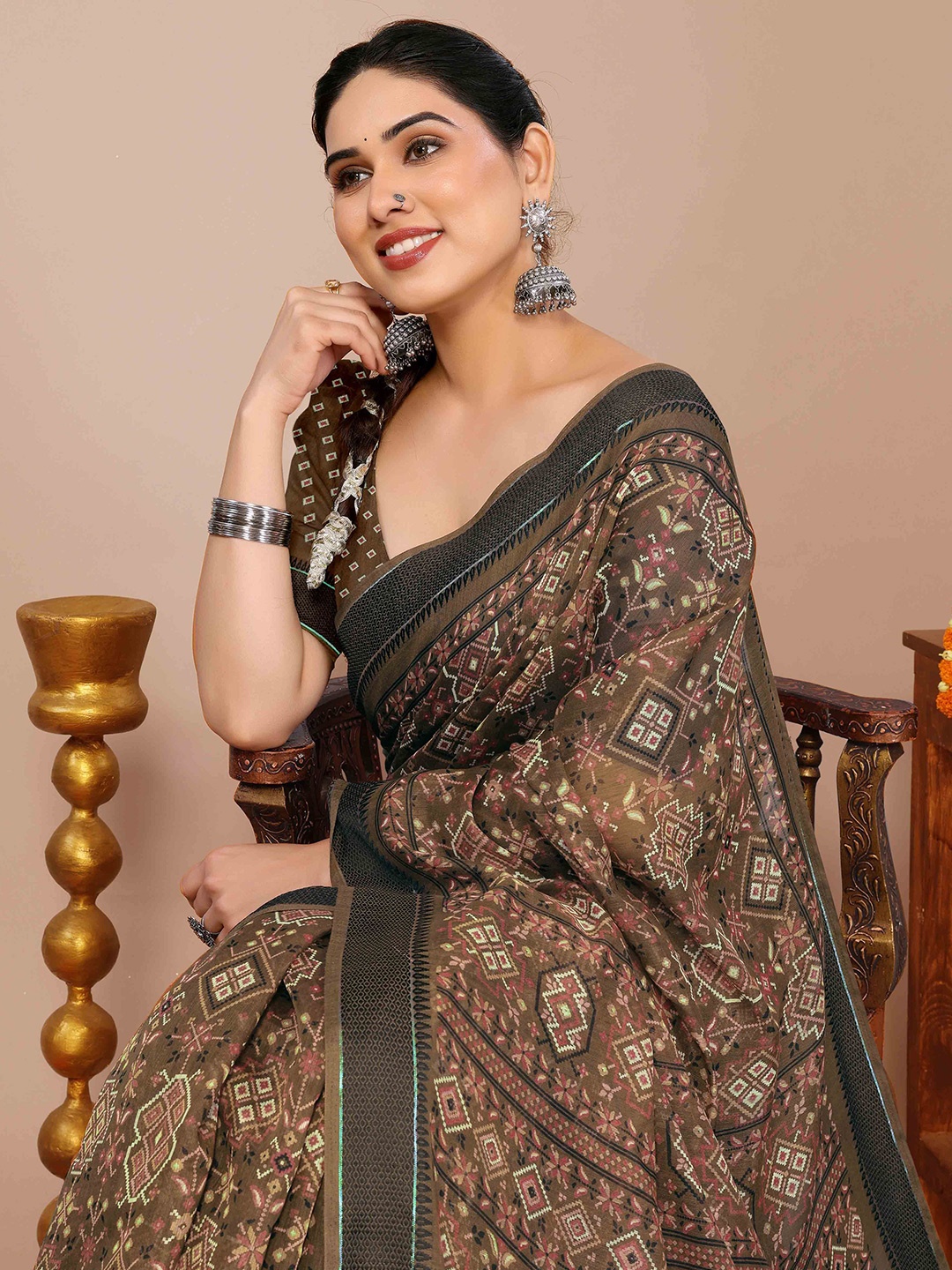 

KALINI Ethnic Motifs Ikat Saree, Brown