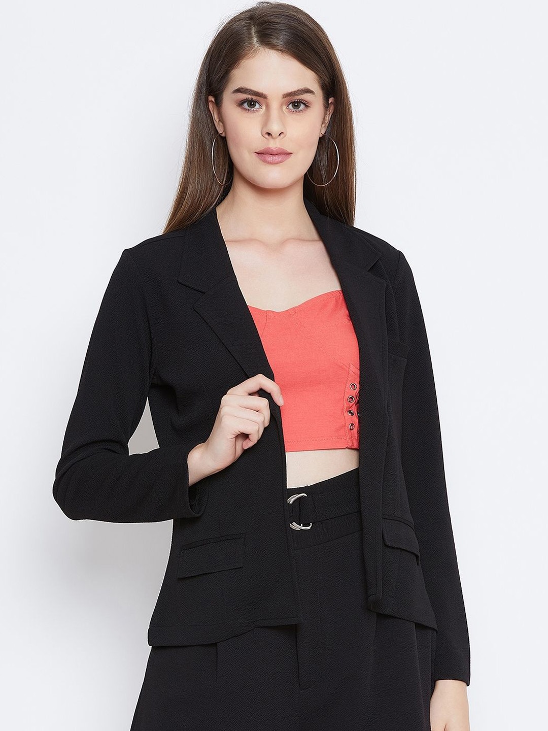 

Zastraa Solid Longline Front-Open Coat, Black