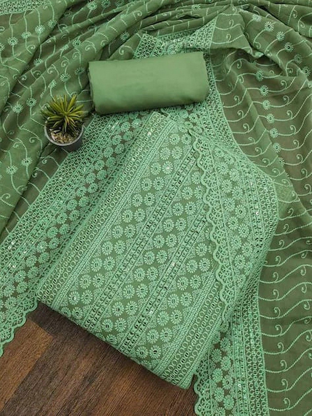 

ZEEPKART Silk Georgette Unstitched Dress Material, Sea green