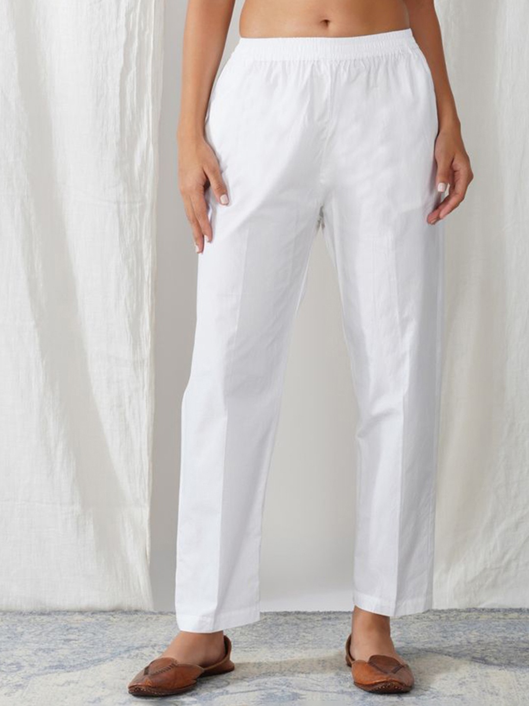 

zuri Women Cotton Mid Rise Relaxed Straight Leg Trousers, White