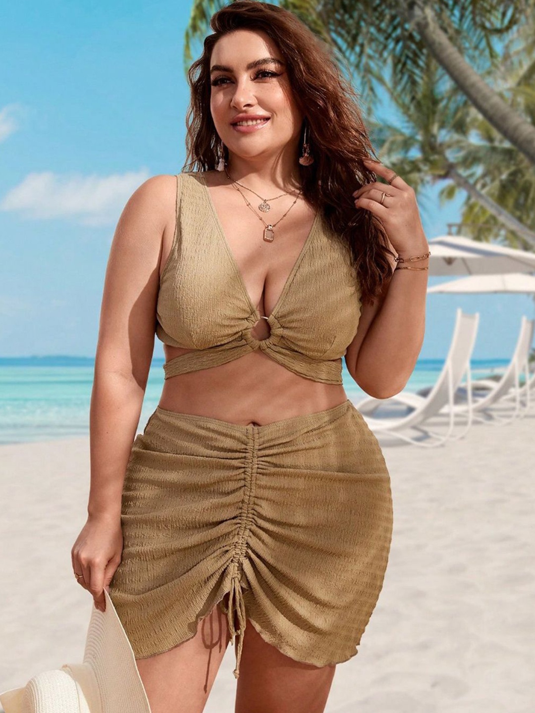 

Plus Curvves Women Plus Size Medium Coverage Bikini Set With Skirt, Brown