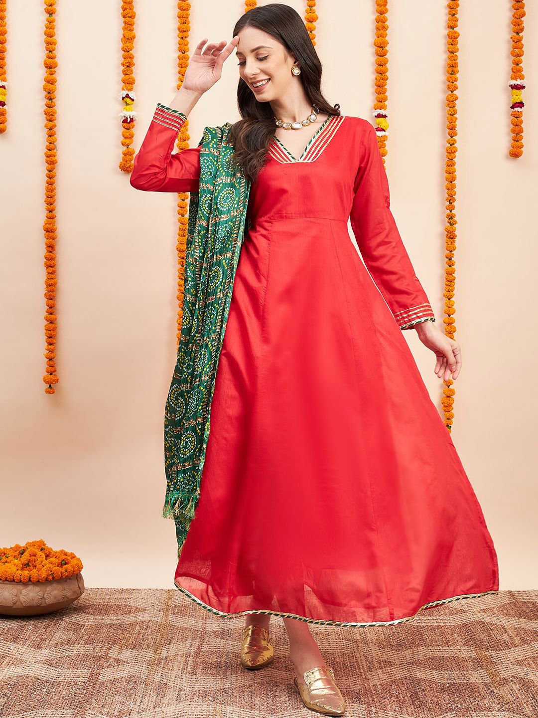 

Fabway Clothing Women Embellished Gotta Patti Cherry Red Chanderi Silk Anarkali Kurta