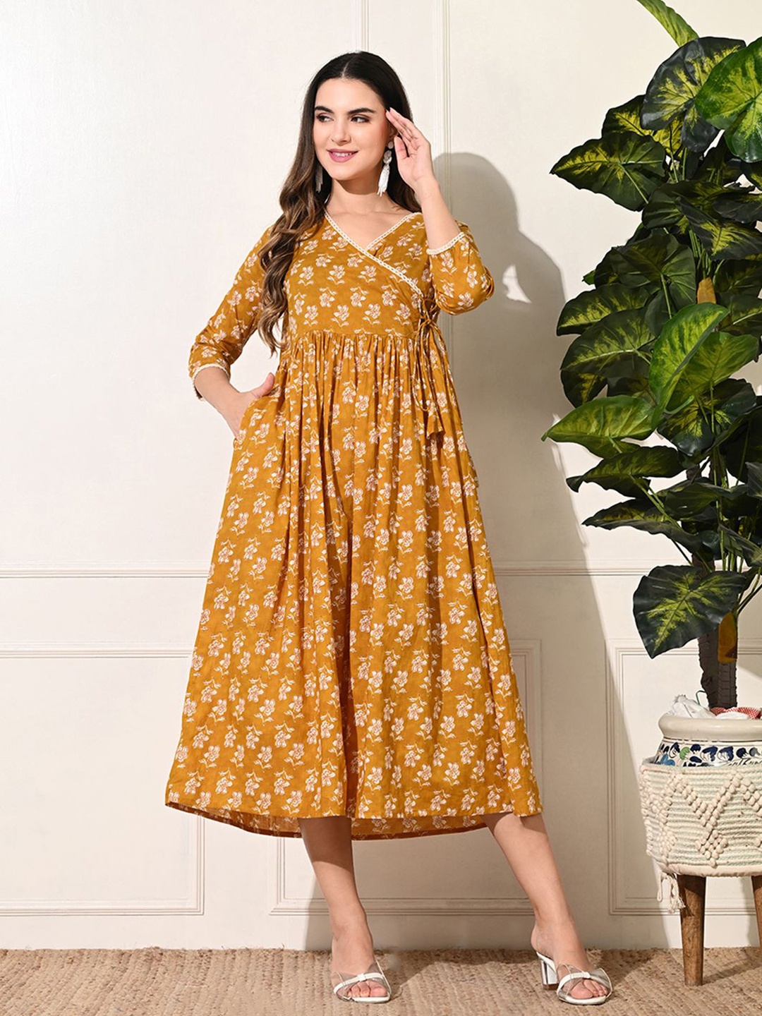 

DECKEDUP Ethnic Motifs Print A-Line Midi Dress, Mustard