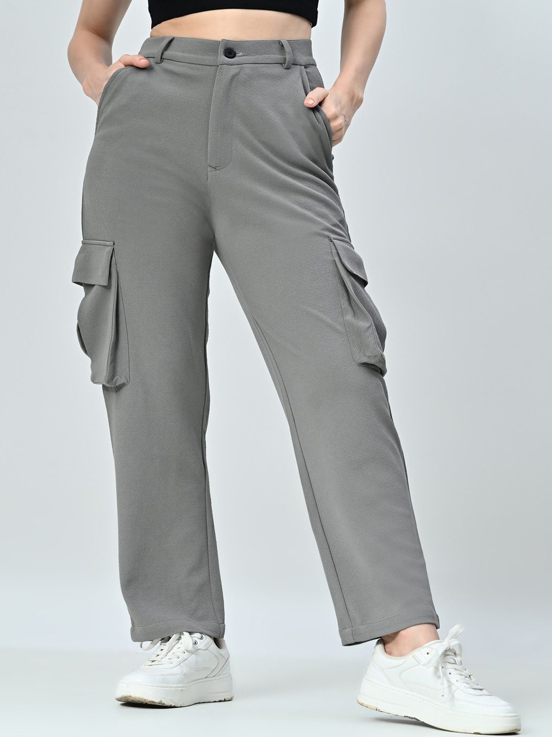 

OWL MINK Women Smart High-Rise Cargos Trousers, Grey