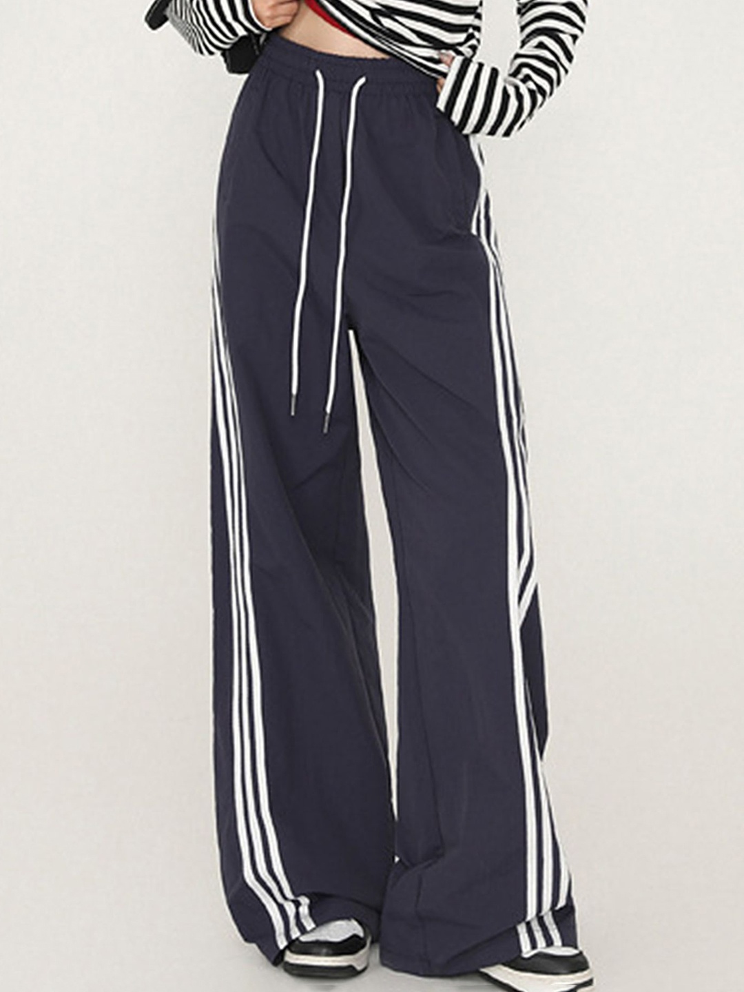 

LULU & SKY Women Striped Loose Fit High-Rise Trousers, Blue