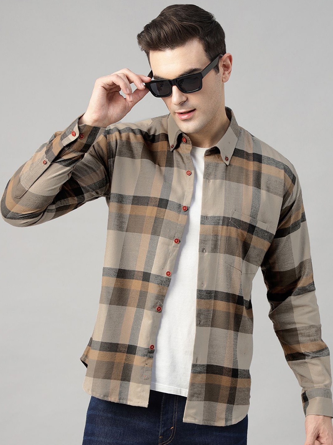 

Hancock Men Standard Slim Fit Flannel Tartan Checks Opaque Pure Cotton Casual Shirt, Beige