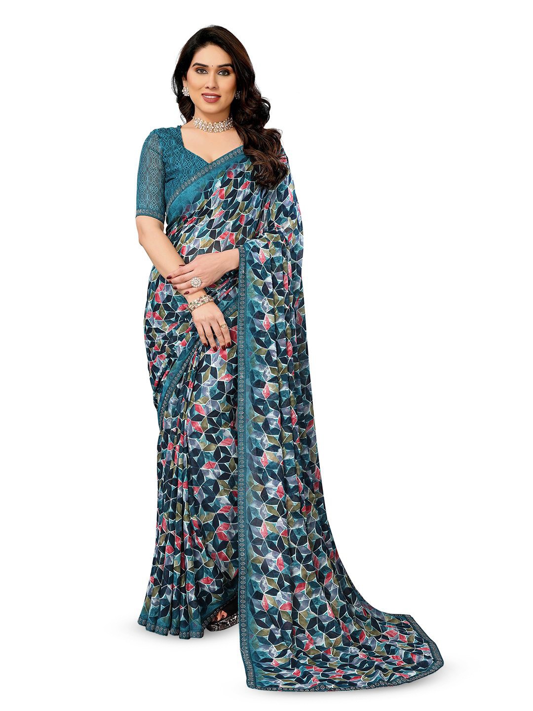 

ANAND SAREES Floral Sequinned Pure Georgette Saree, Blue