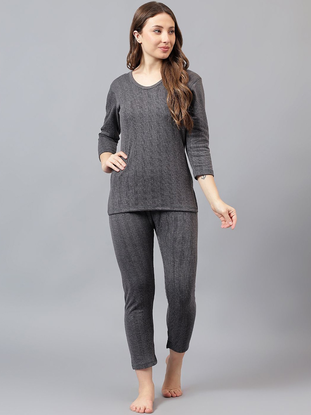 

JJAAGG T Women Pack Of 2 Round Neck Thermal Sets, Charcoal