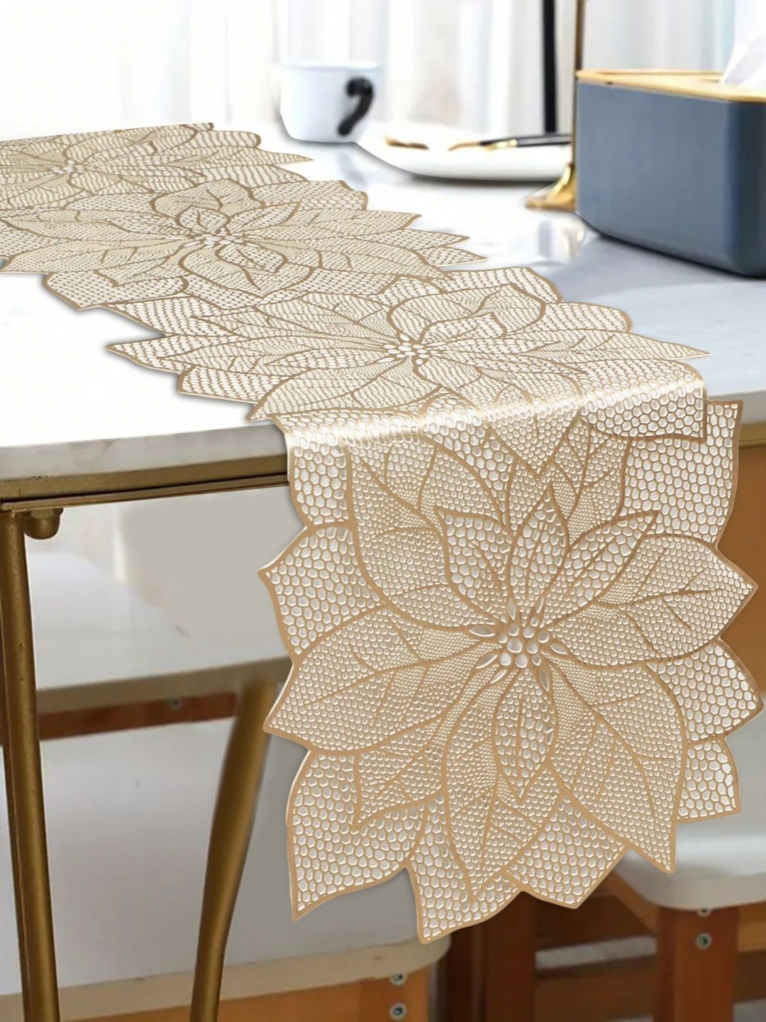 

Dakshya Industries Gold Toned Floral Water-Proof Table Runner