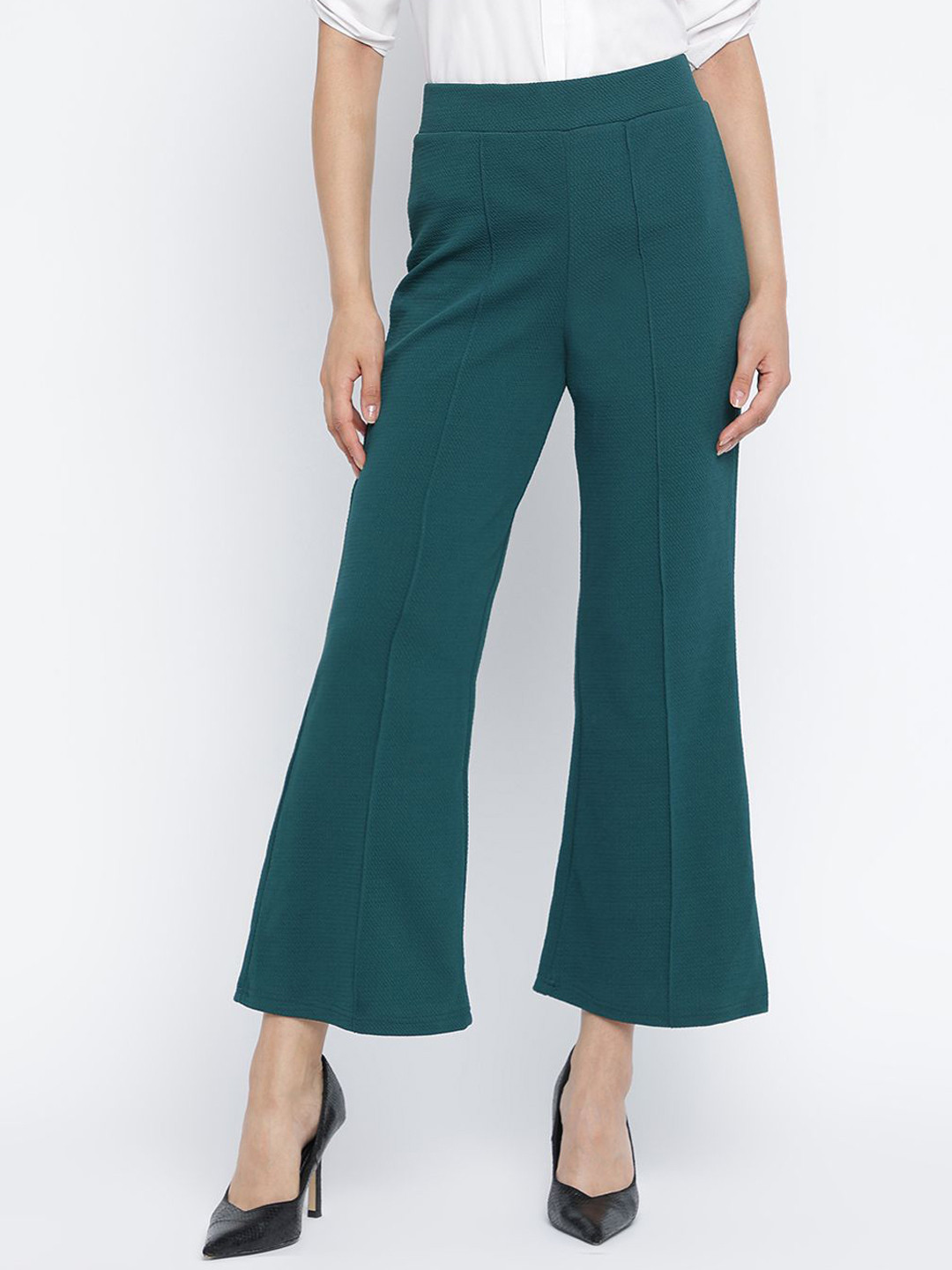

DressBerry Women Regular Fit Cropped Slip-On Bootcut Trousers, Green
