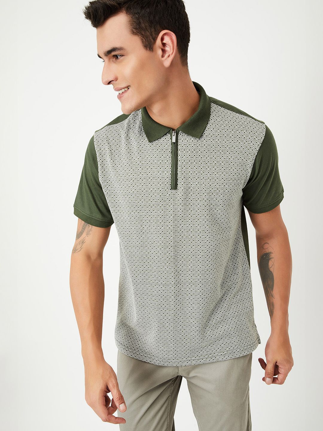 

max Men Striped Polo Collar Drop-Shoulder Sleeves Pockets T-shirt, Green