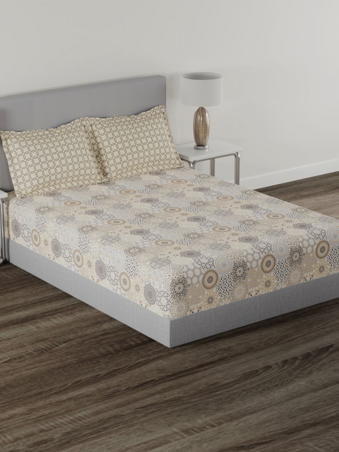 

MYTRIDENT Carnival Brown & Grey Ethnic Pure Cotton 144 TC Queen Bedsheet Set-2.28mx 2.54 m