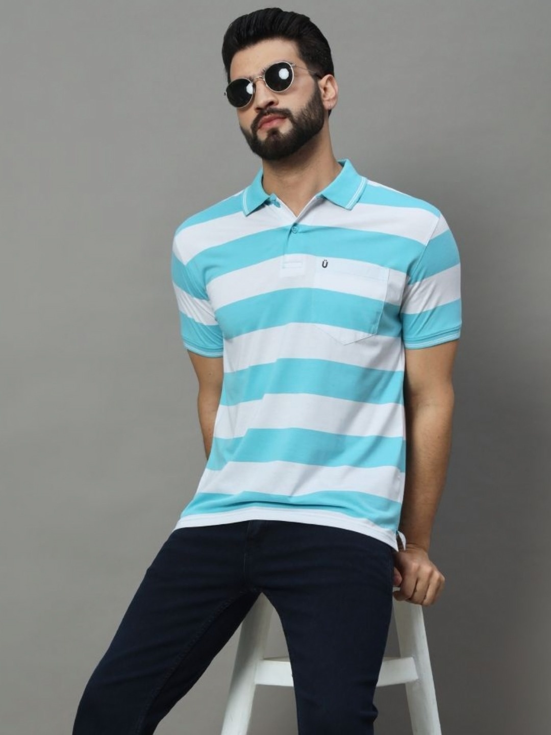 

UNIBERRY Men Striped Polo Collar T-shirt, Turquoise blue