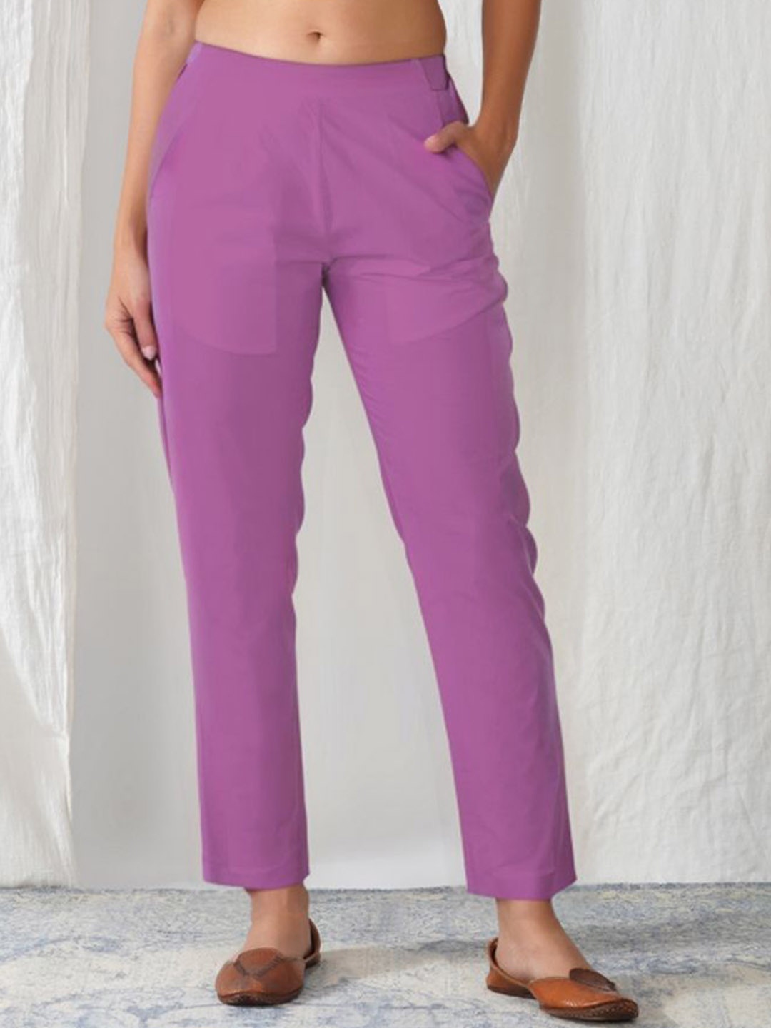 

zuri Women Cotton Mid Rise Relaxed Straight Leg Trousers, Purple