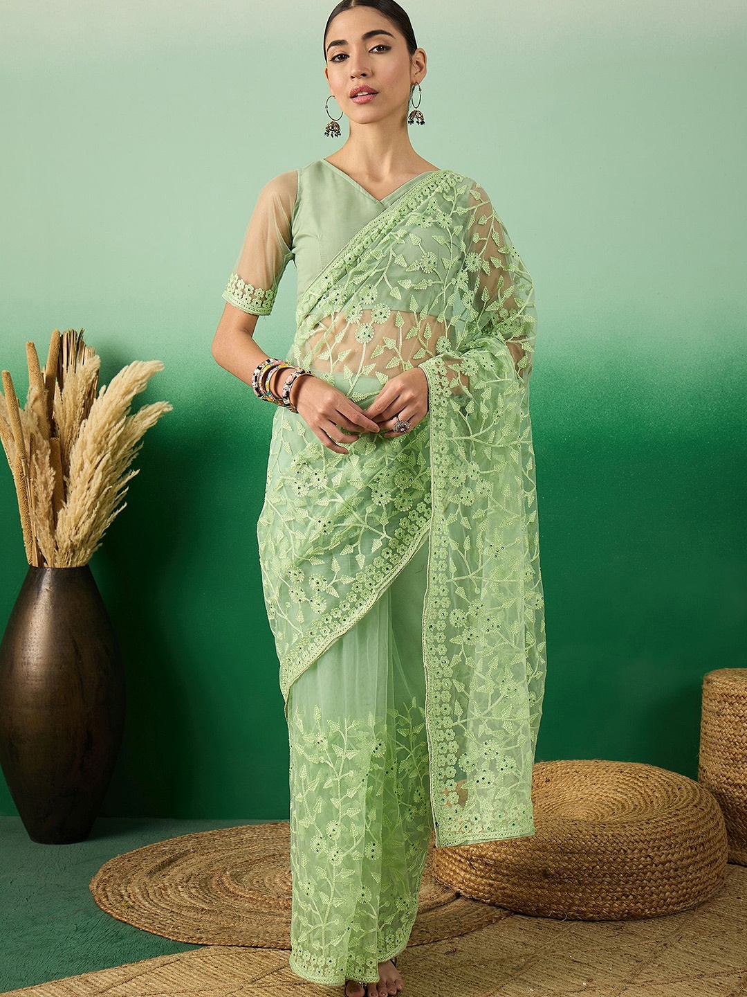 

Suha Embellished Embroidered Supernet Saree, Green