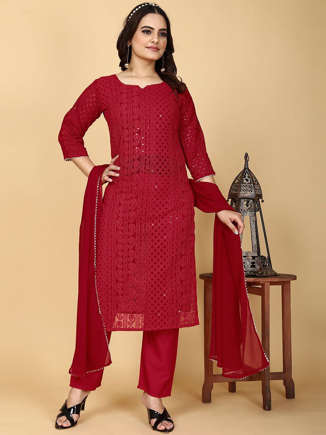

KALINI Women Embroidered Regular Sequinned Kurta with Pyjamas & With Dupatta, Red
