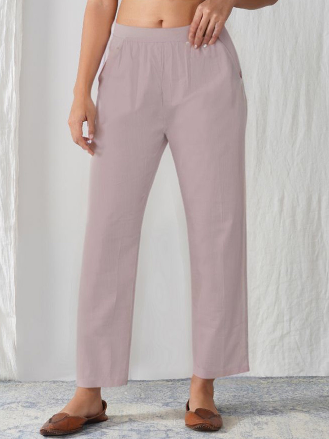 

zuri Women Relaxed Straight Leg Fit Mid-Rise Cotton Trousers, Peach