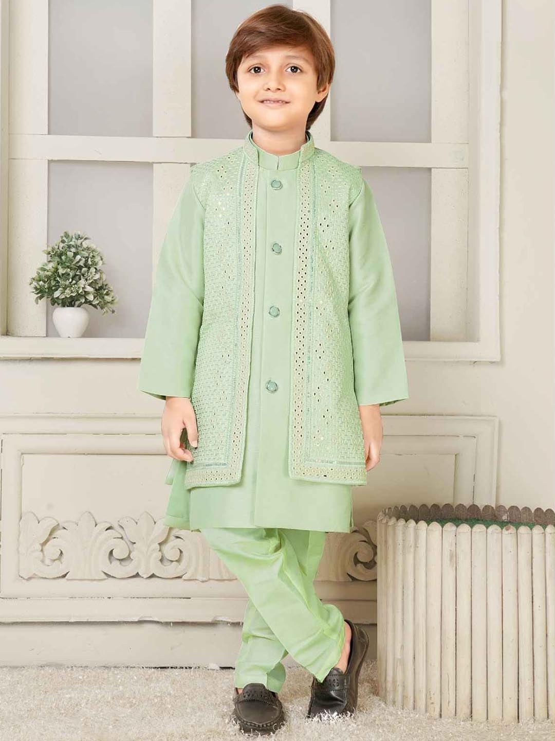 

Lagorii Boys Regular Mirror Work Pure Silk Kurta with Trousers, Green