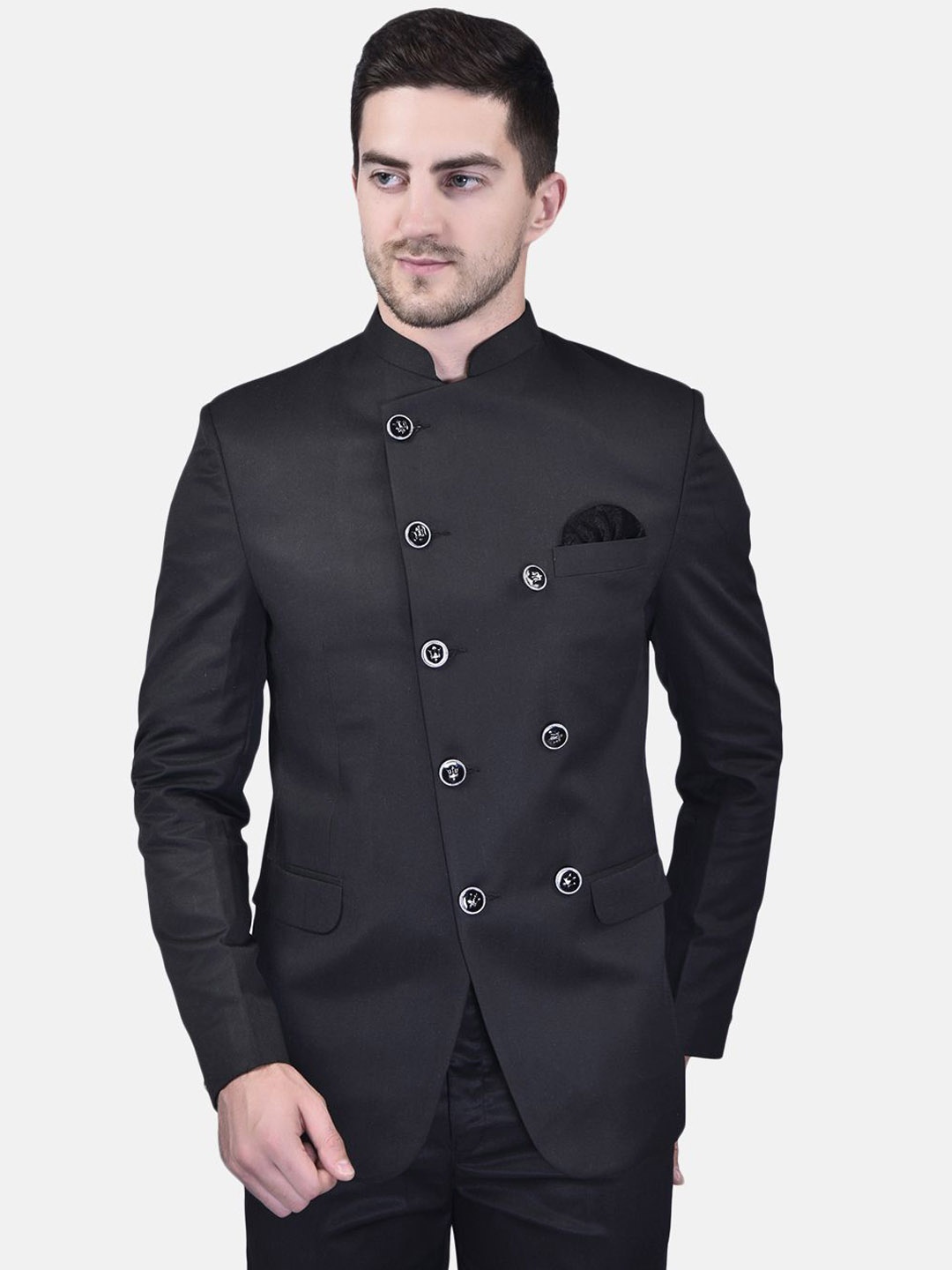 

PRINTINDIA Mandarin Collar Double BreastedBlazer, Black