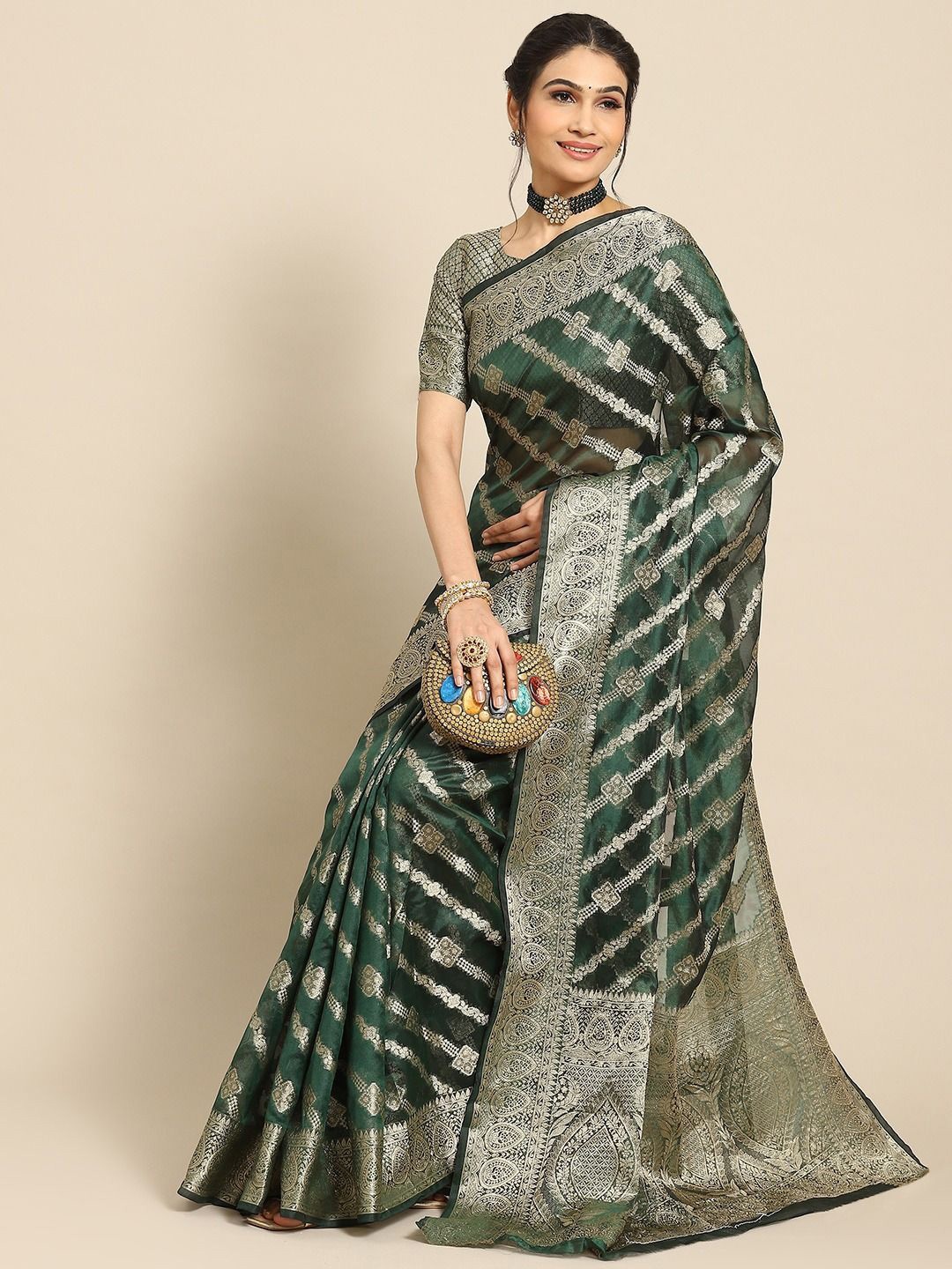 

SHRIMAY Woven Design Zari Organza Banarasi Saree, Green