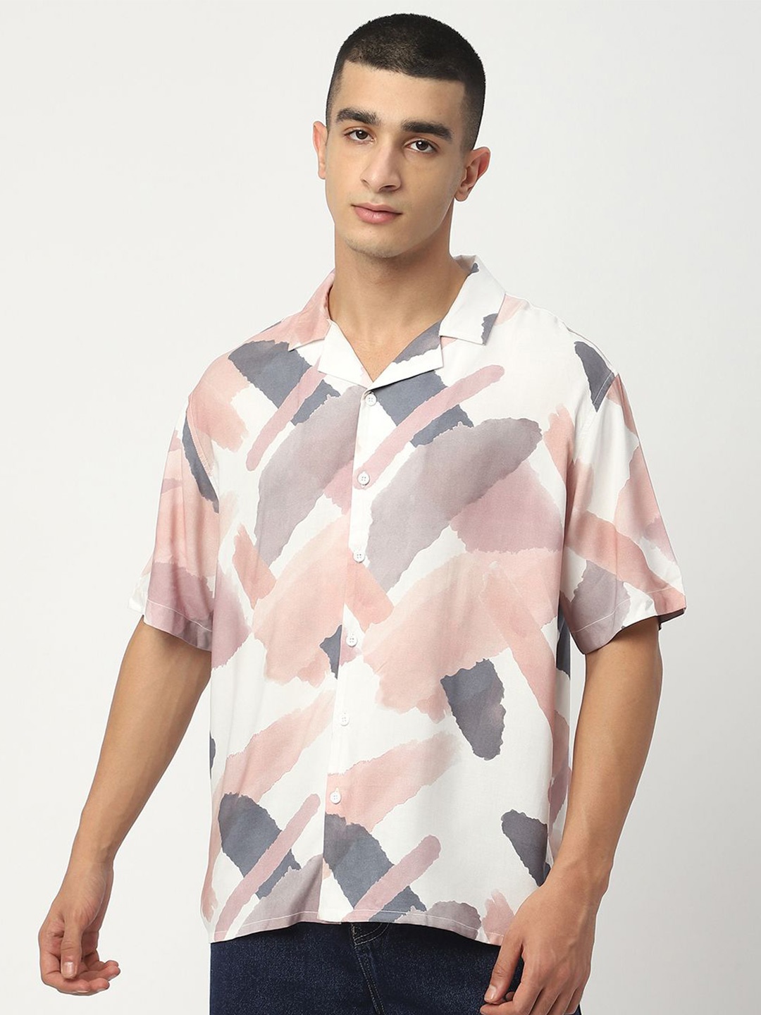 

R&B Men Opaque Printed Casual Shirt, White