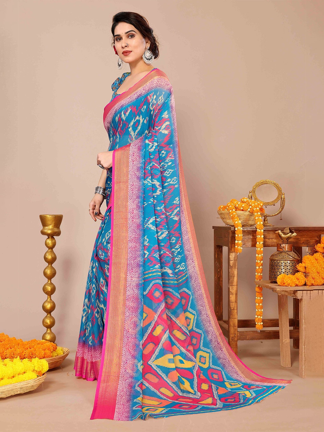 

KALINI Ethnic Motifs Poly Chiffon Ikat Saree, Turquoise blue