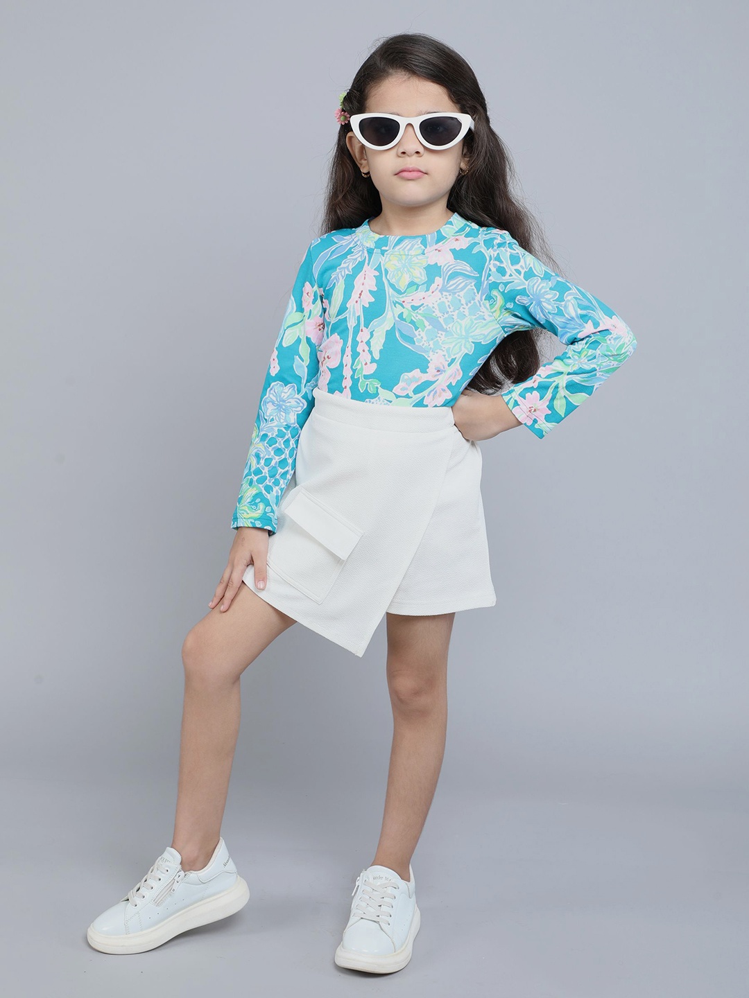 

taffykids Girls Printed Top with Skirt, White