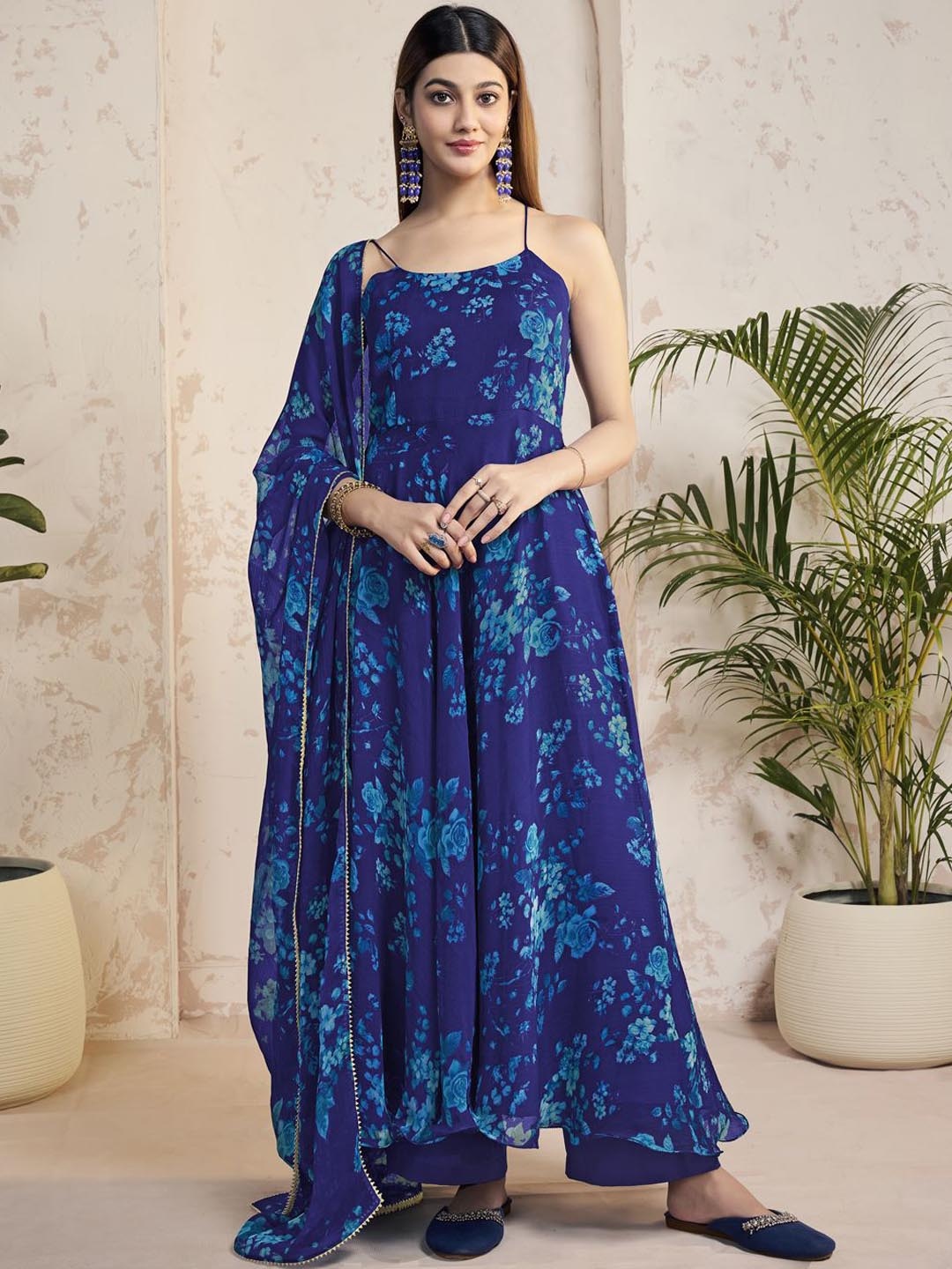 

Inddus Women Floral Printed Angrakha Kurta with Trousers & With Dupatta, Blue