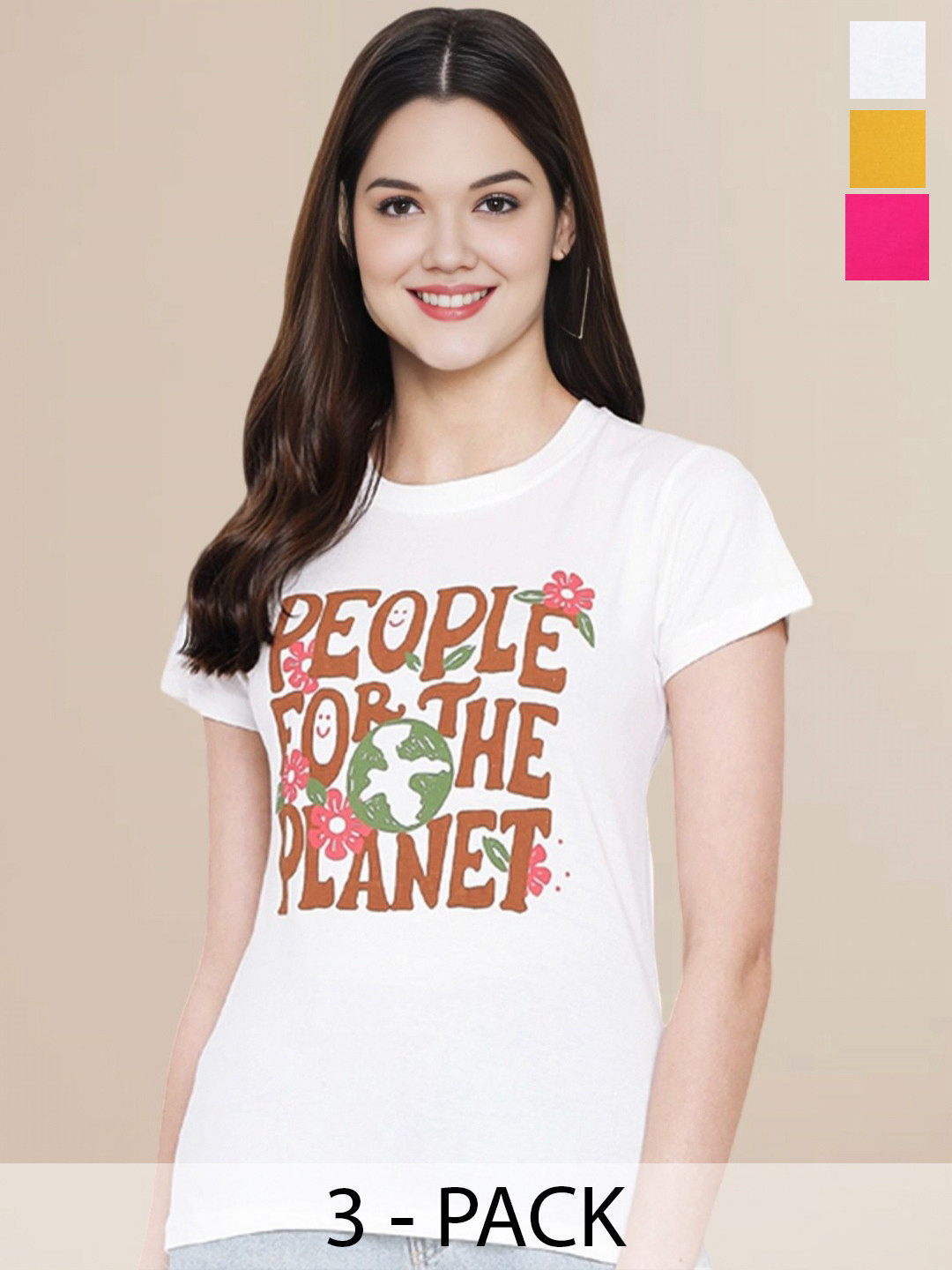 

Metronaut Women Pack Of 3 Typography Printed Round Neck Cotton T-shirts, White