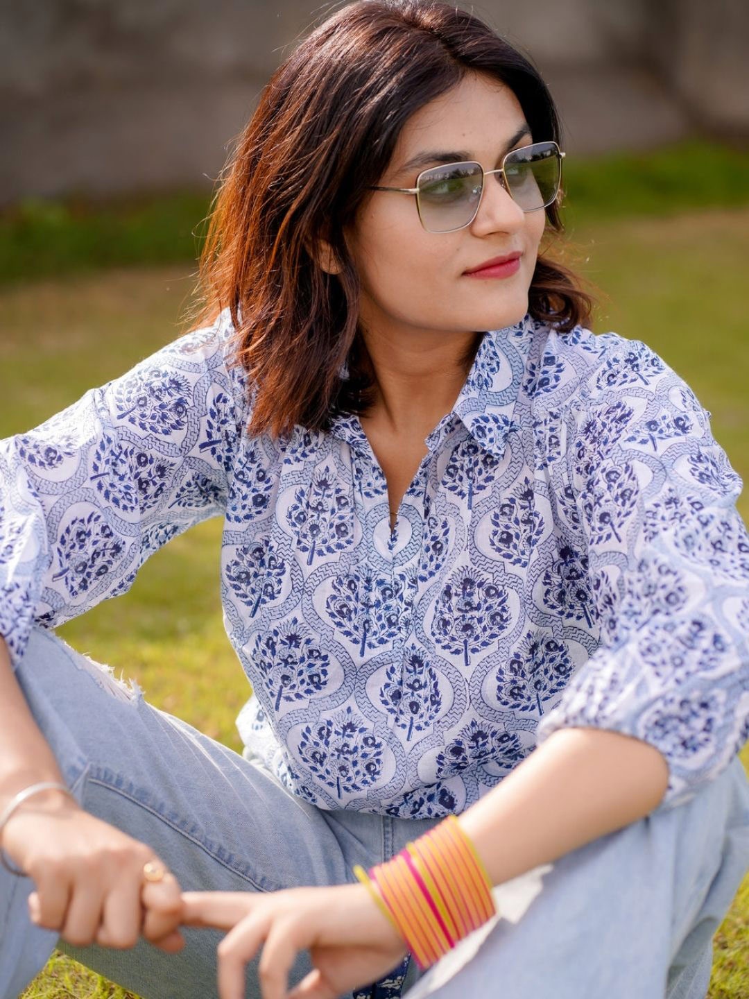 

SASSY SAJJA Print Cotton Blouson Top, Multi
