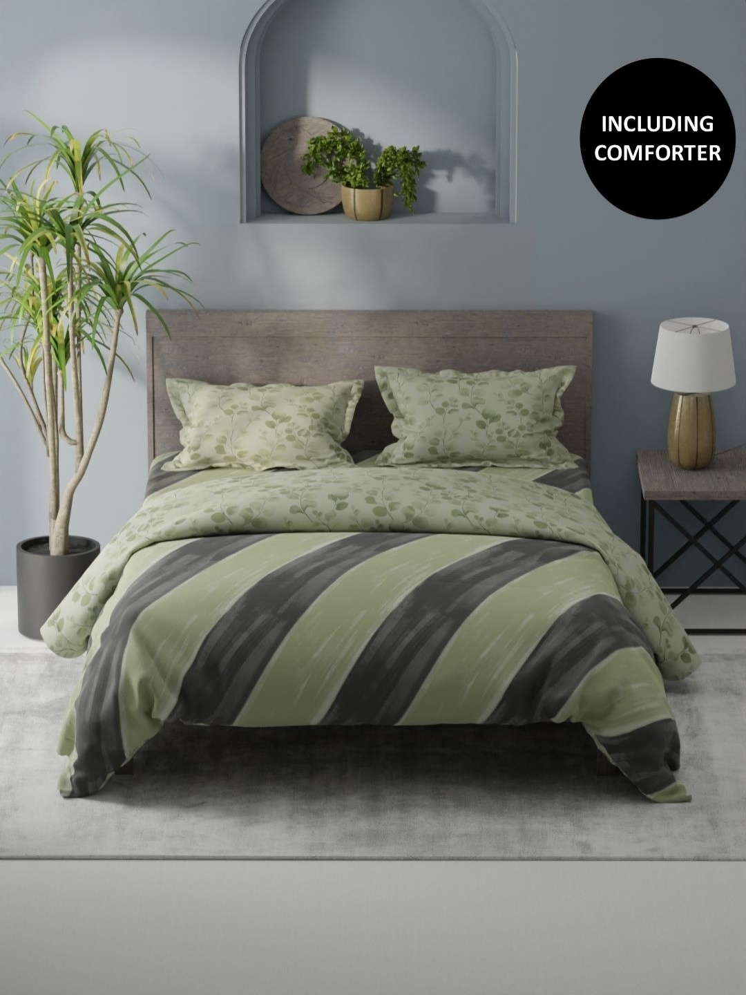 

KOPA Green & Grey Striped Cotton Fitted Double Queen Regular Bedding Set