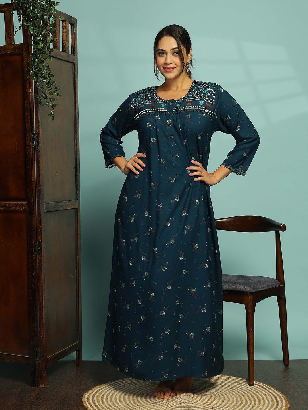 

9shines Label Women Floral Printed Maxi Nightdress, Blue