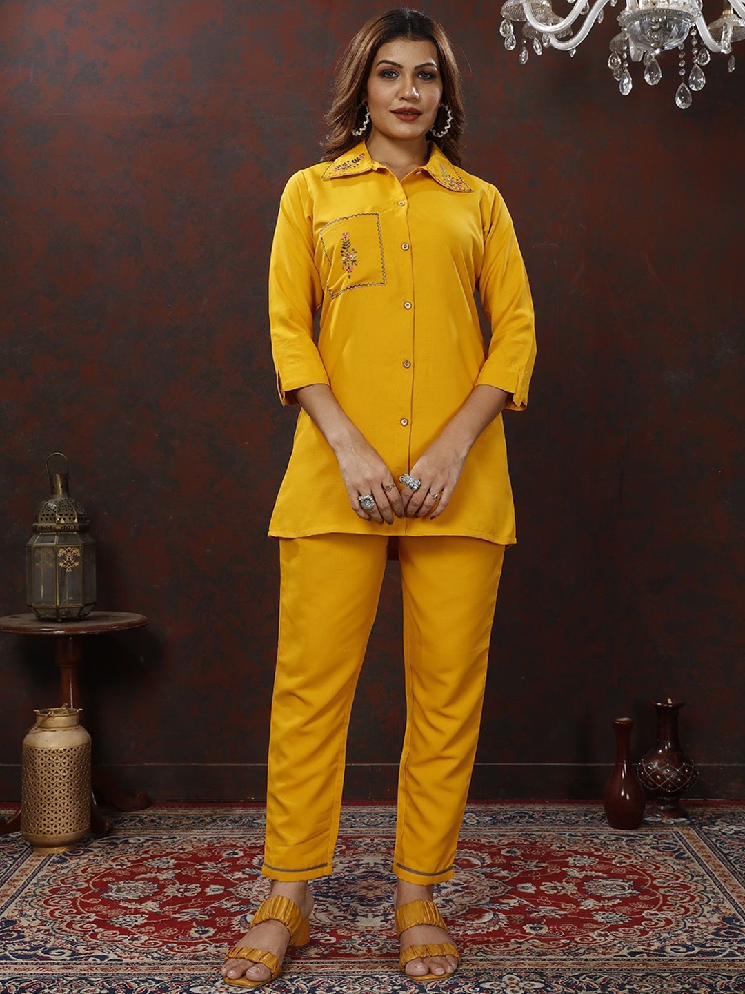 

S.K.C Embroidered Three-Quarter Sleeves Shirt & Trouser, Yellow