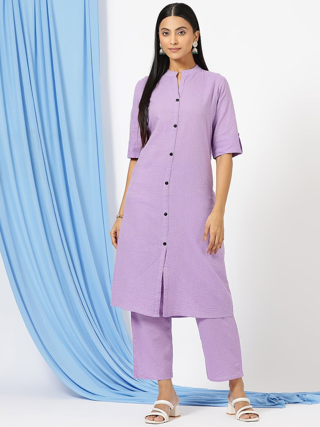 

Anushil Mandarin Collar Striped Tunic With Trousers, Purple