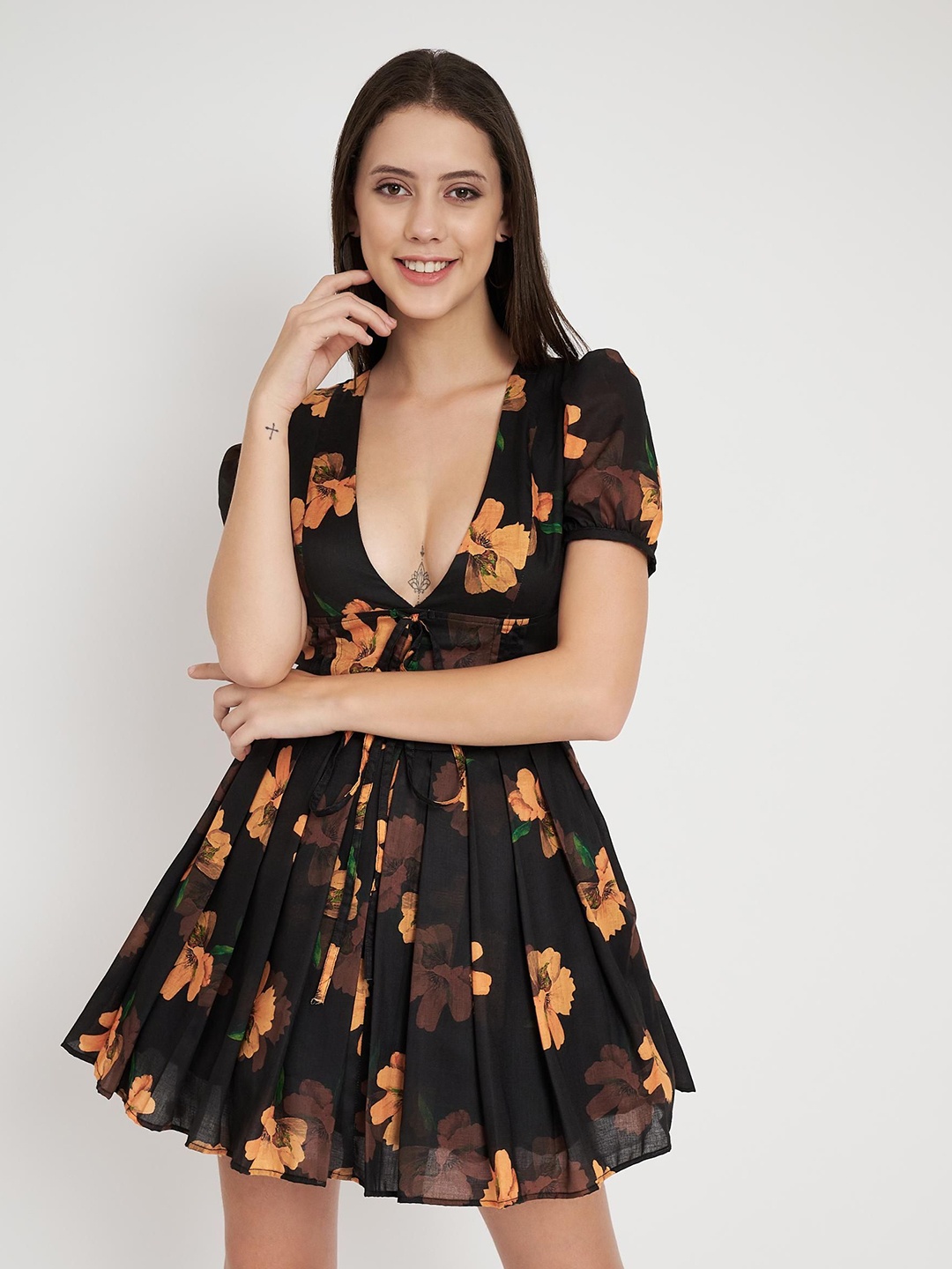 

HIRRUX Floral Print Puff Sleeve Fit & Flare Mini Dress, Black