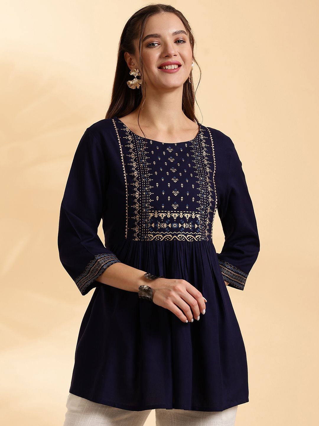 

Anouk Rustic Women Embroidered Longline A-Line Top, Navy blue