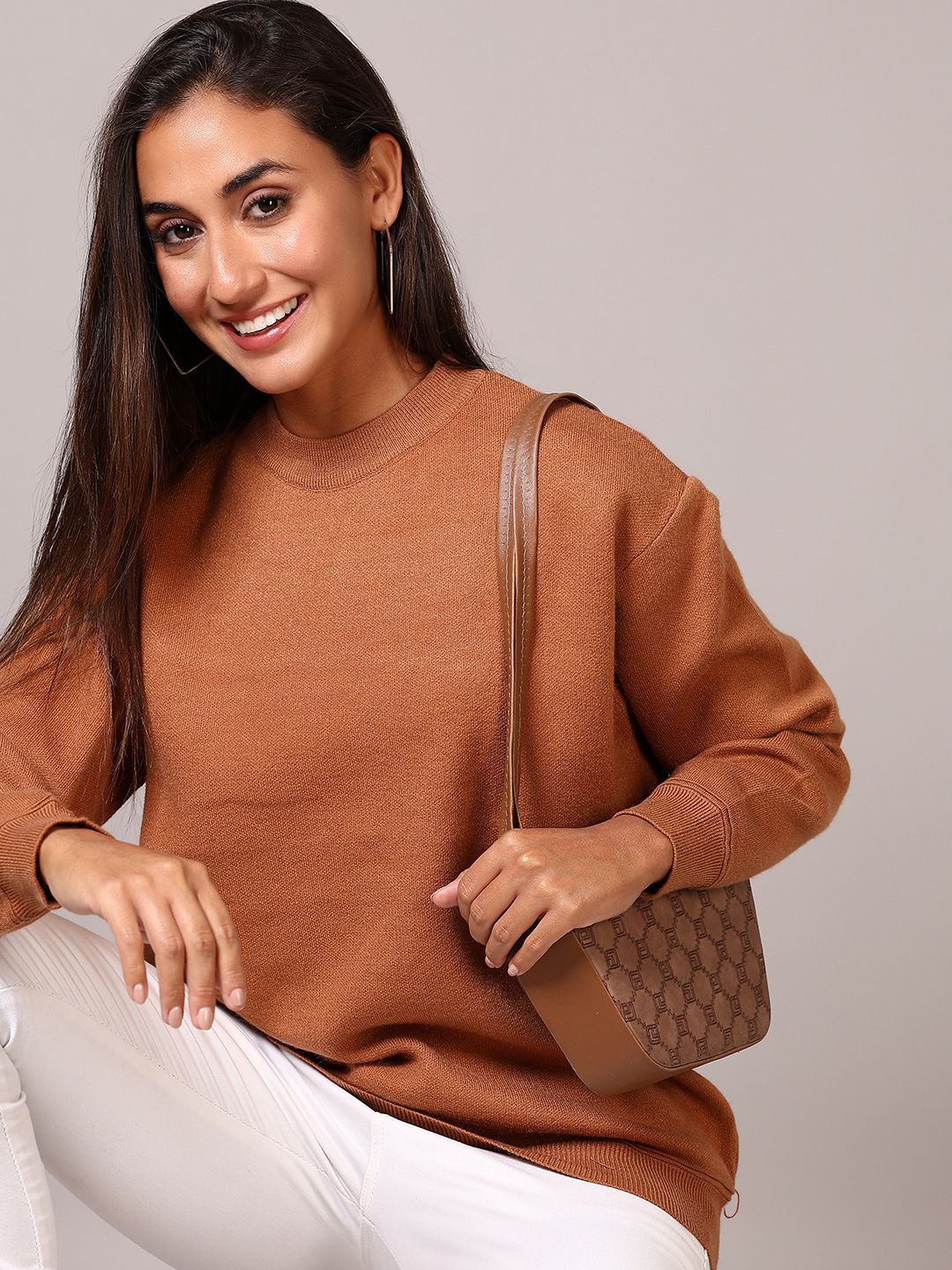 

V-Mart Women Cotton Round Neck Long Sleeves Pullover Sweater, Brown