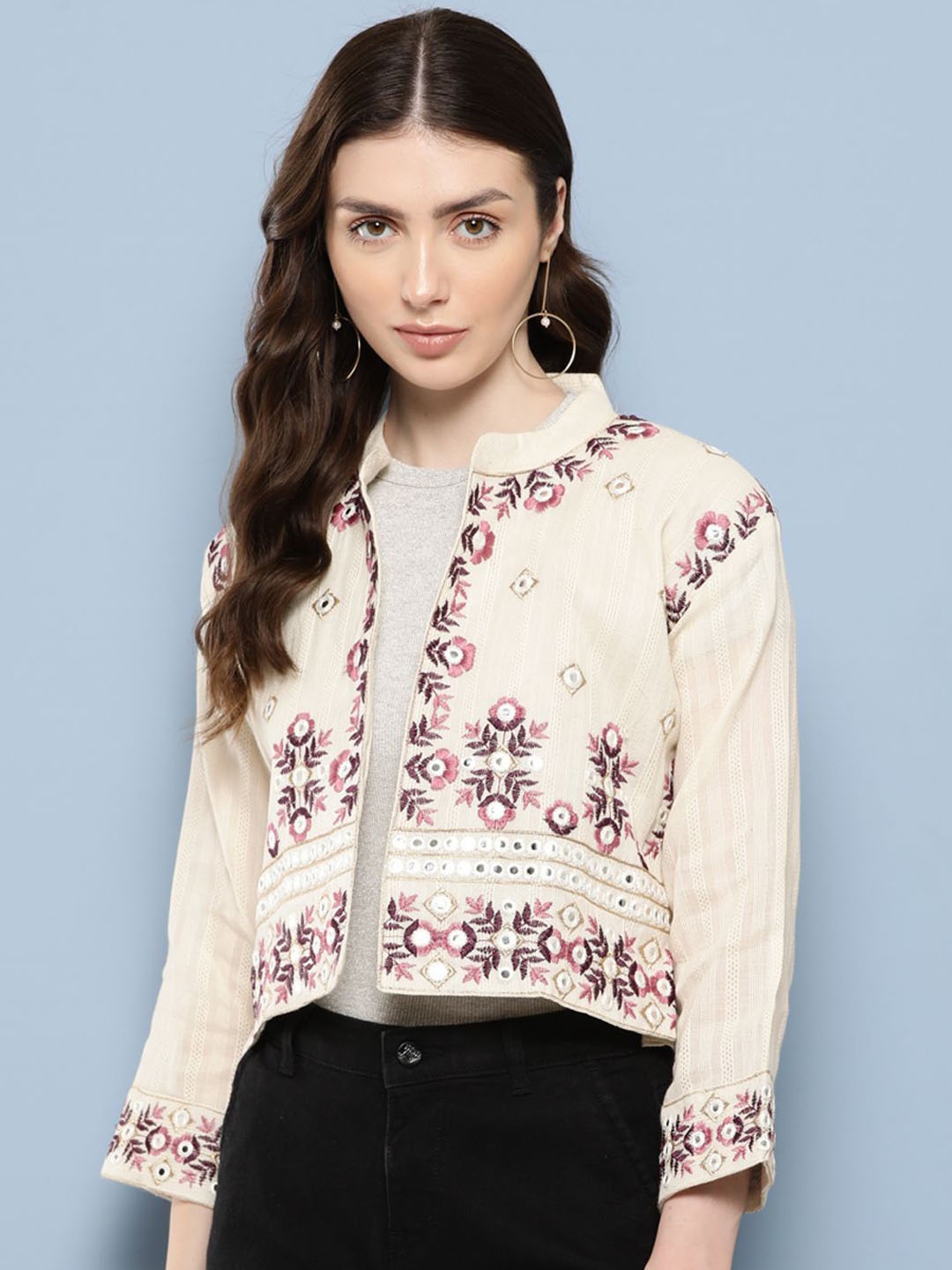 

The Roadster Lifestyle Co Zari Mirror Embroidered Cotton Open Front Jacket, Cream