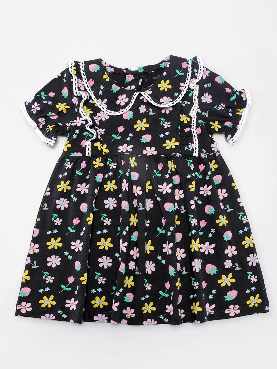 

Nauti Nati Floral Print Peter Pan Collar Puff Sleeve Ruffled A-Line Dress, Black