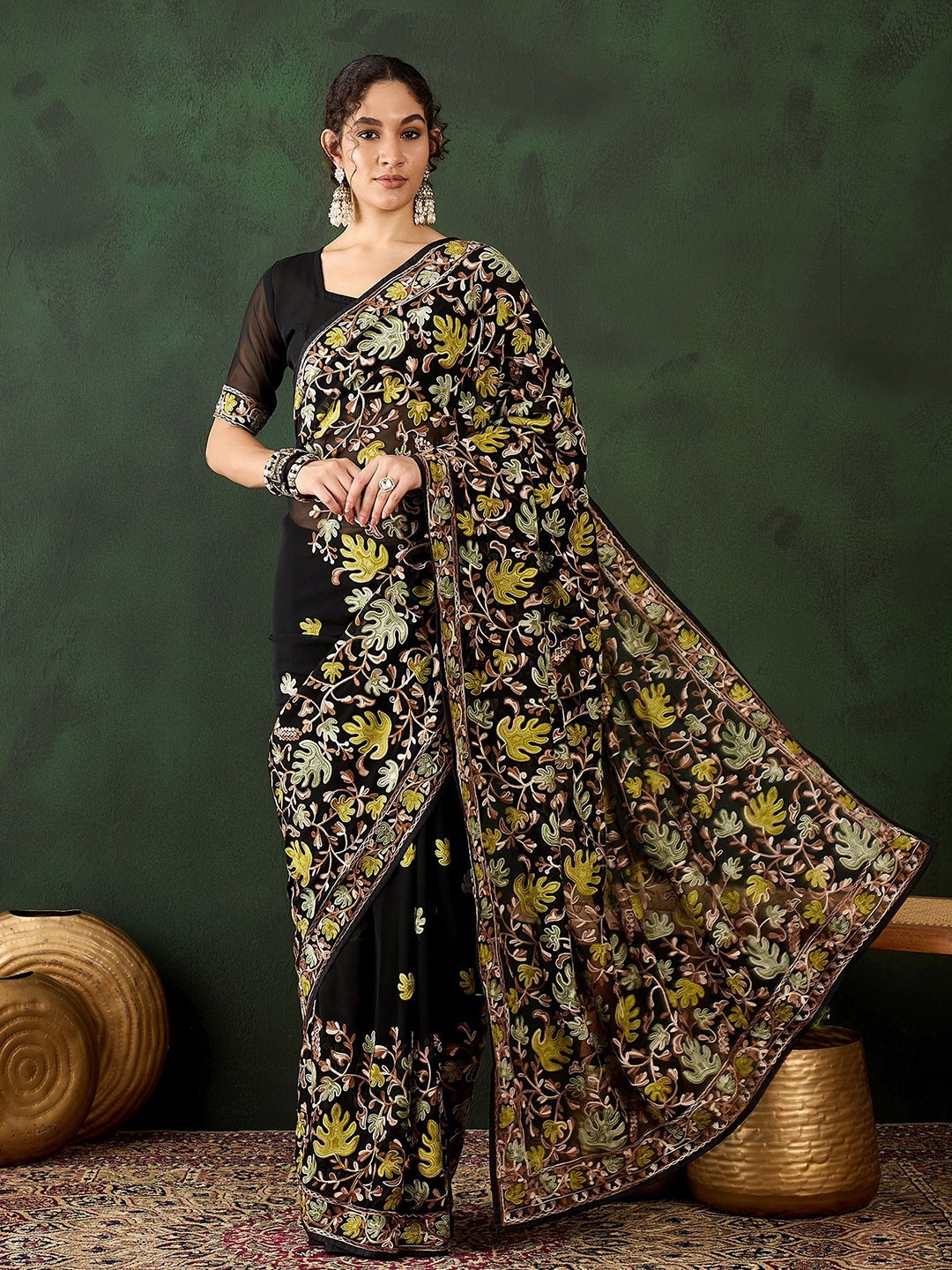 

Suha Embellished Embroidered Poly Georgette Ready to Wear Saree, Black