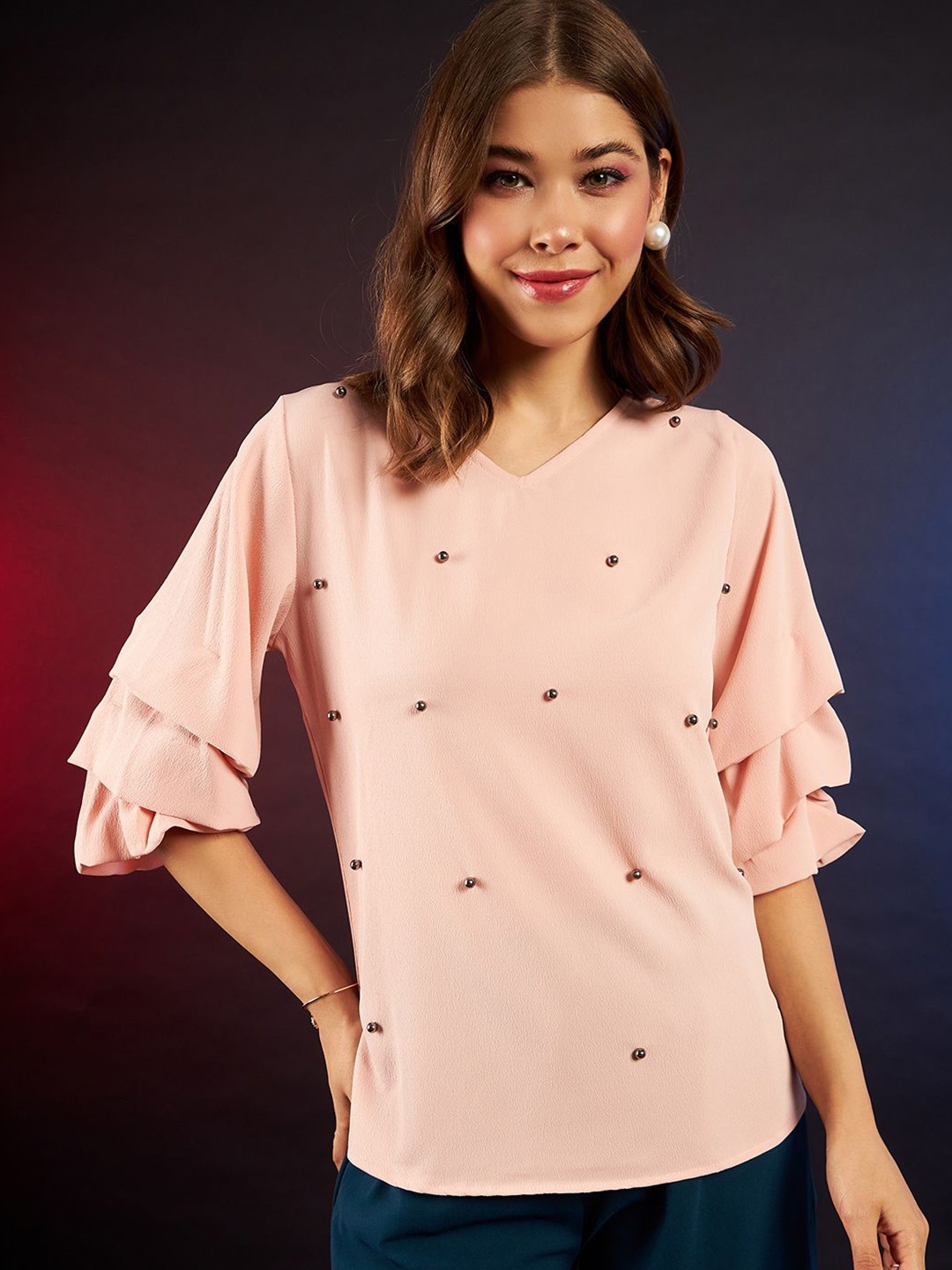 

DressBerry Women Embellished Flared Sleeve Top, Pink