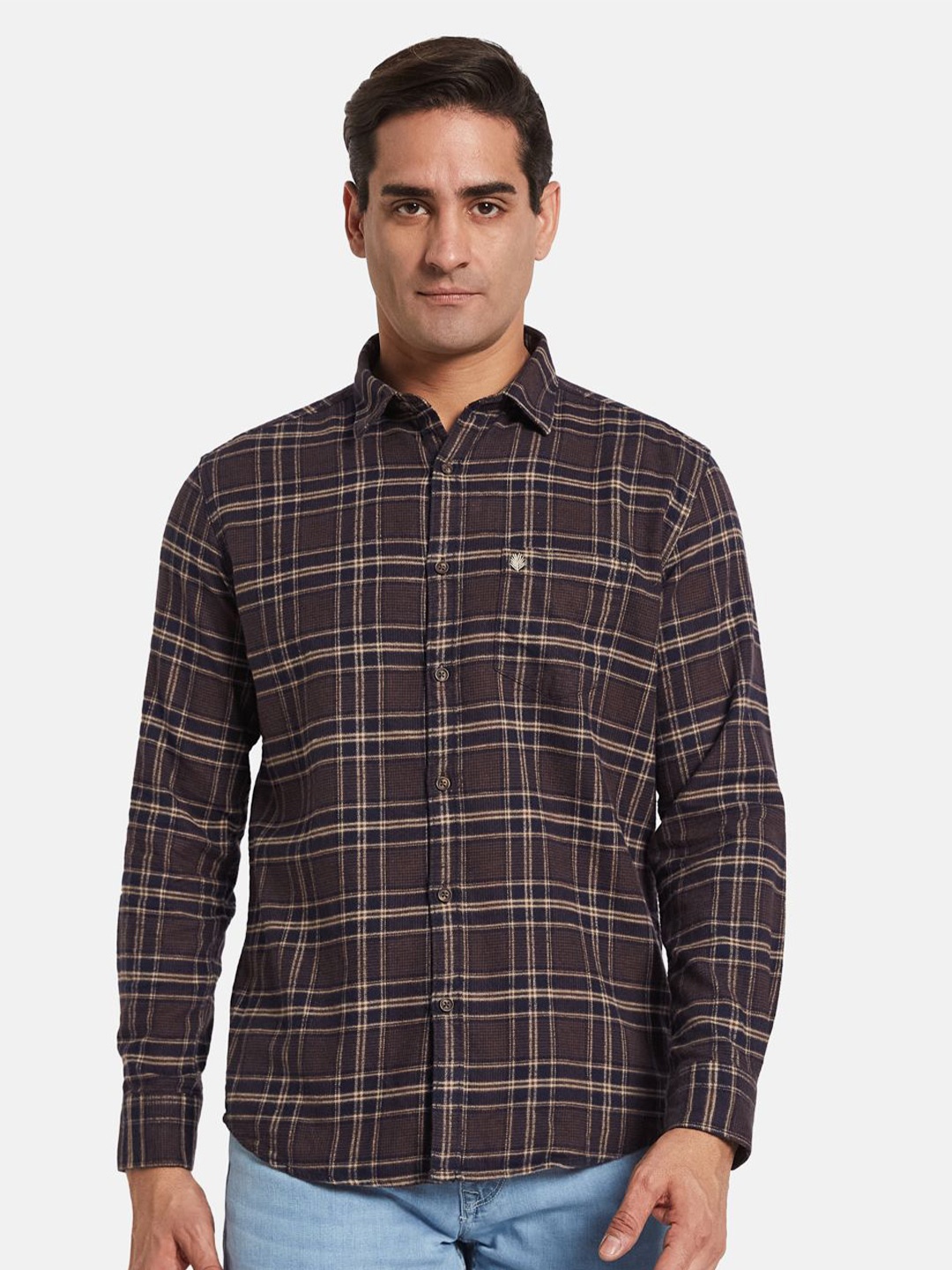 

METTLE Men Opaque Checked Casual Shirt, Brown