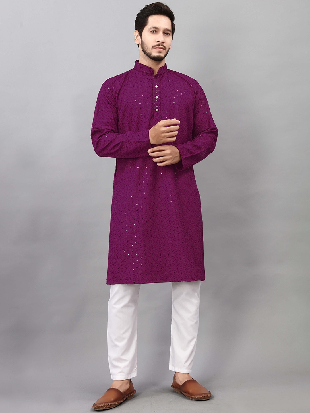 

ALMORA Men Ethnic Motifs Embroidered Mirror Work Kurta, Purple